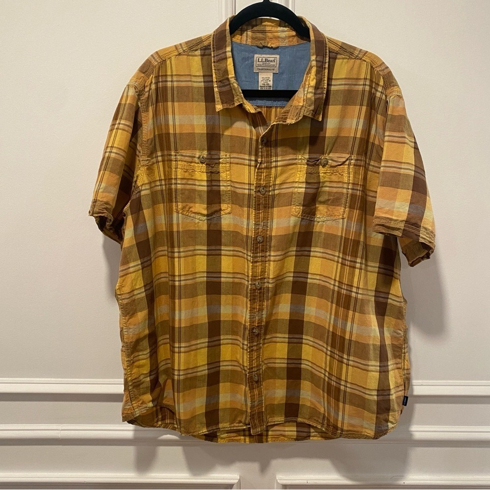 LL Bean Mens XXL Short Sleeve Plaid‎ Button Up Shirt Yellow Cotton Linen 517886